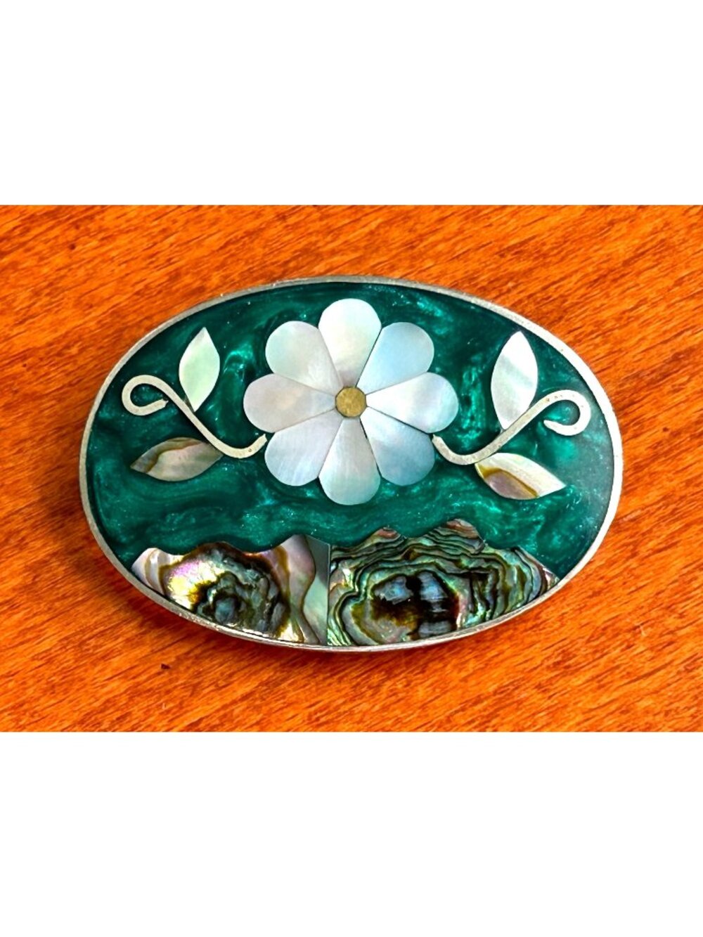 Vtg Mexico Alpaca Silver Mother of Pearl Abalone Shell Flower Brooch Pendant